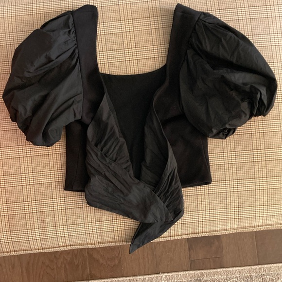 Anthropologie Black Puff Sleeve Top Wrap Top Tie Back 100% Cotton - Picture 9 of 10